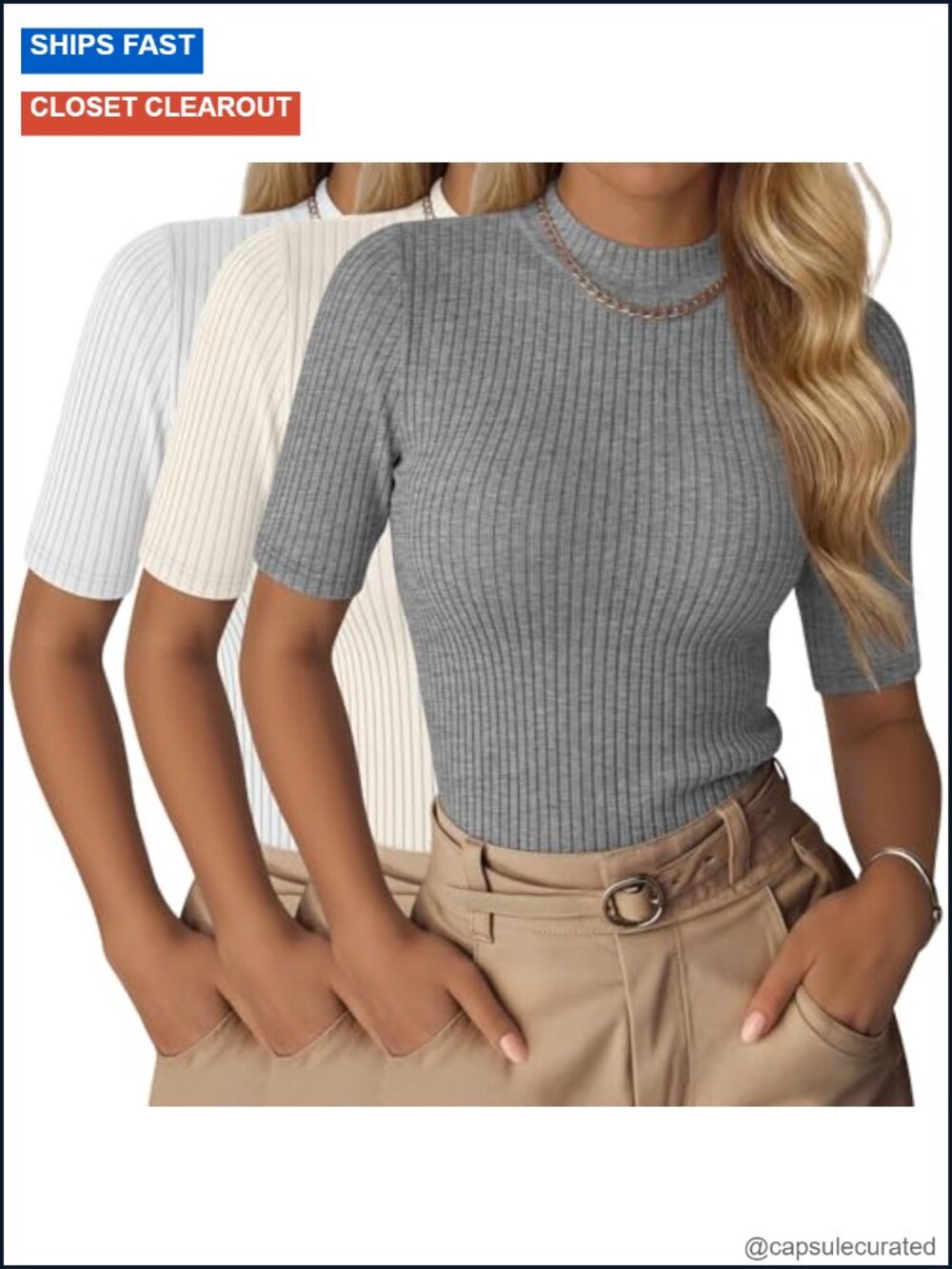 Women's Mock Neck Ribbed Half Sleeve Tops 3 Pack - Dressy Work Business Shirts